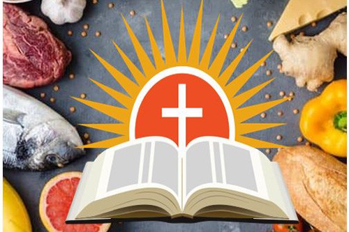 Faith Based Nutrition CoverL bible with food aroumd it