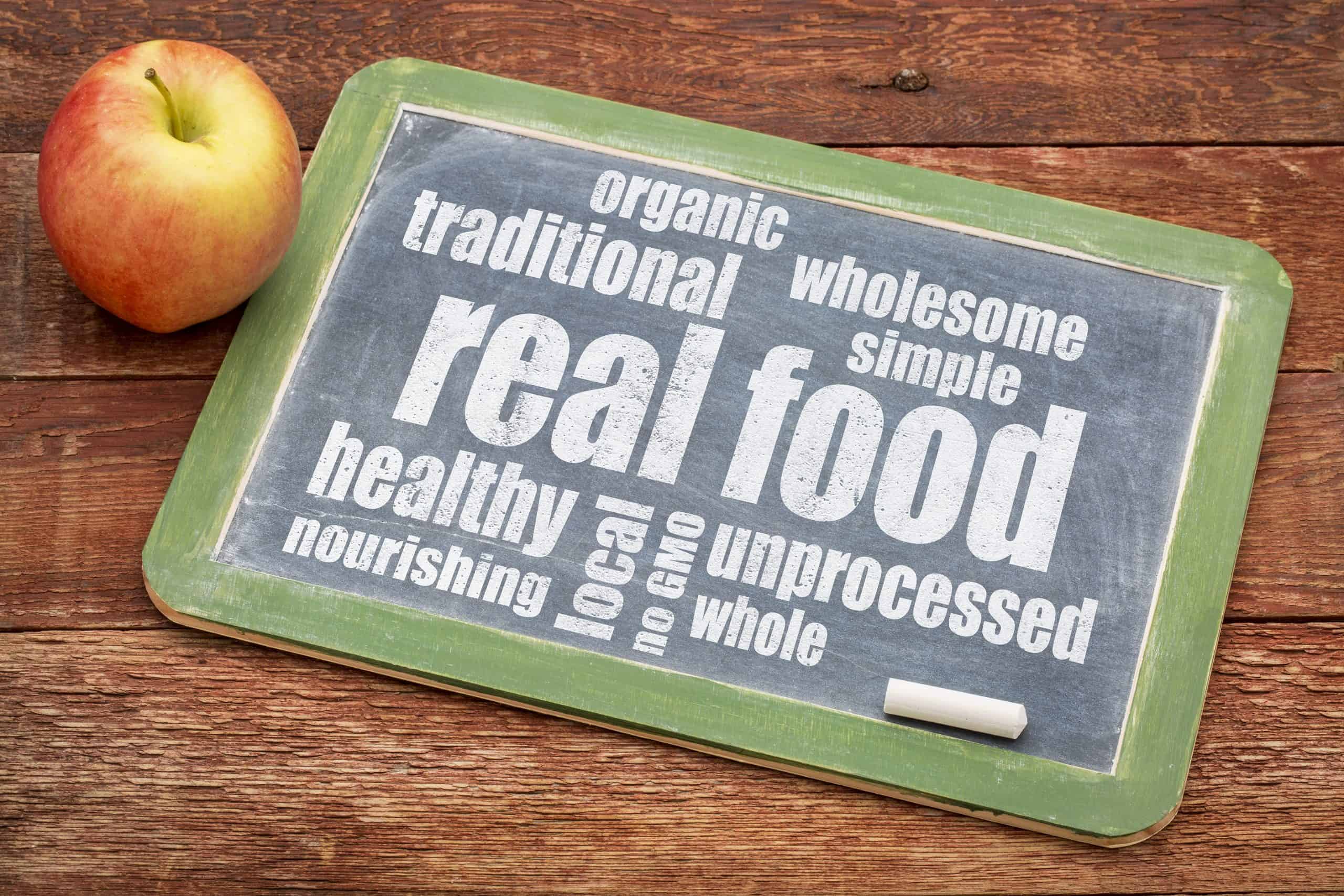 table top chalkboard with words of real food